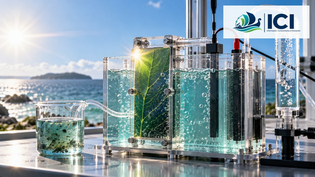 Imagen ilustrativa generada con IA que representa conceptualmente un dispositivo fotoelectroquímico inspirado en una hoja, expuesto a radiación solar y utilizando agua de mar para generar hidrógeno. No corresponde al dispositivo experimental real desarrollado por NTU Singapore ni reproduce su diseño. Logo oficial de ICI incorporado sobre la imagen generada.