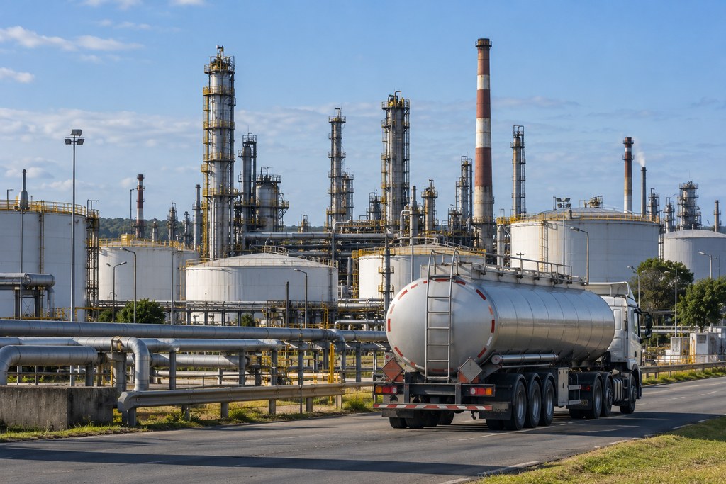 Imagen ilustrativa generada con IA de una refinería de petróleo y transporte de combustibles. Representa el proceso general de refinación y distribución de gasoil, pero no corresponde a una fotografía documental de la refinería de La Teja.