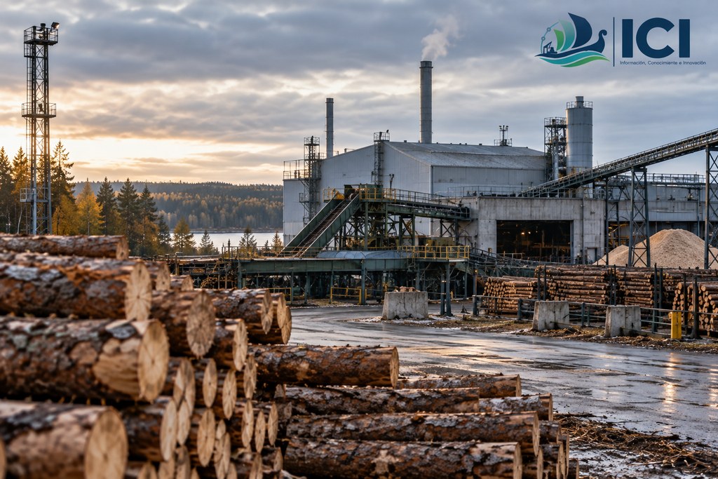 Imagen ilustrativa generada con IA sobre una instalación de aserrío del norte de Europa. No corresponde a una fotografía del aserradero de Veitsiluoto ni representa sus instalaciones exactas. Elaboración de ICI Forestal.