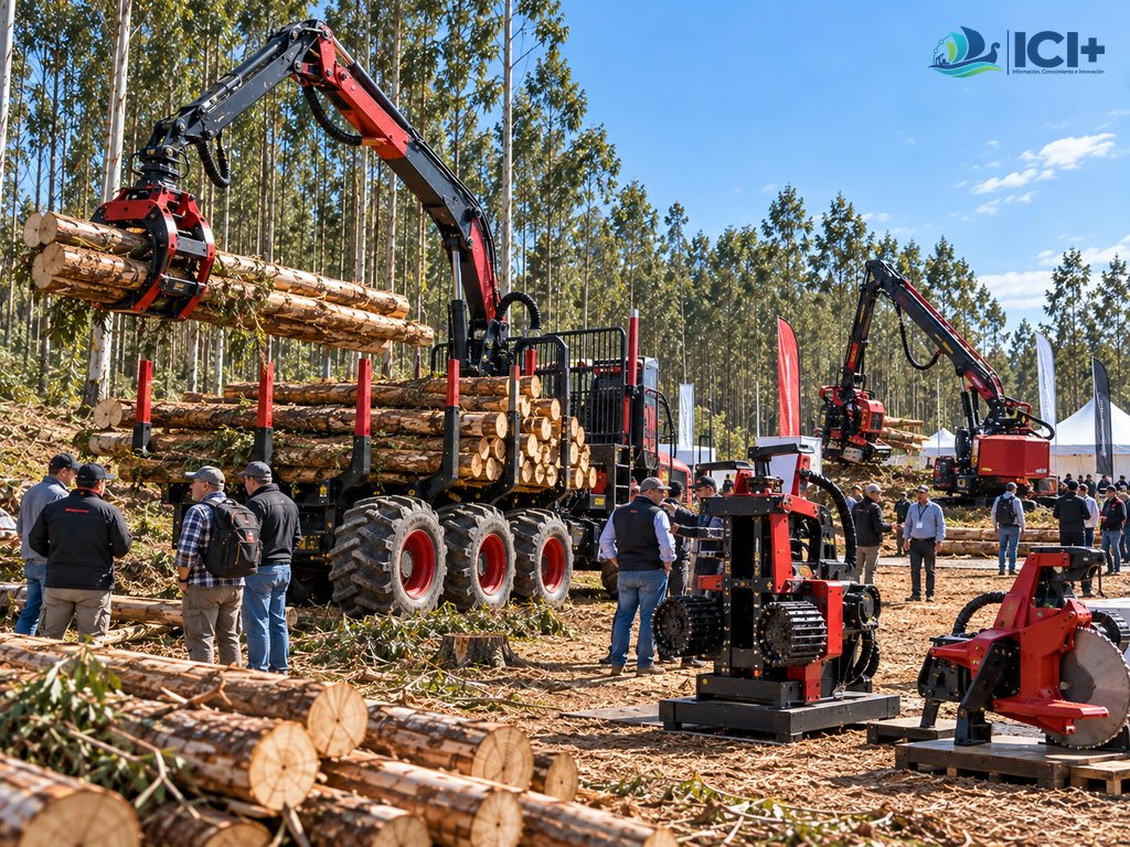 Imagen ilustrativa generada con IA de una exposición de maquinaria forestal con grúas, equipos de procesamiento, remolque cargado y accesorios especializados. Representa conceptualmente la participación anunciada de Guerra Forestry en URUFOREST 2026.