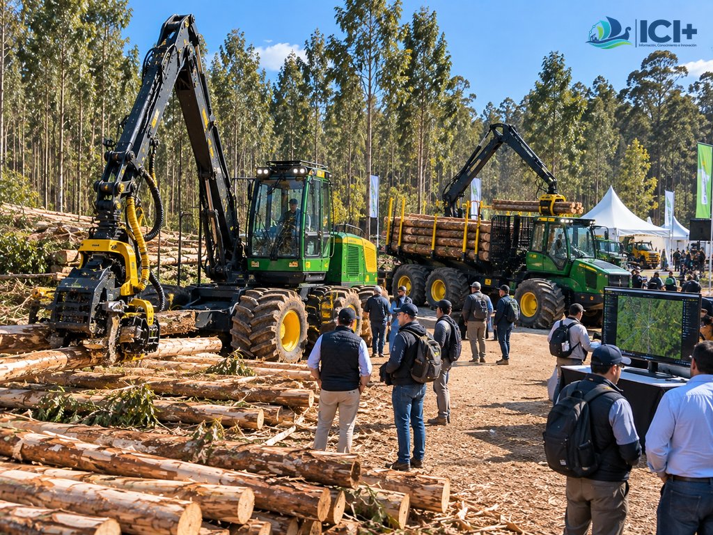 Imagen ilustrativa generada con IA de una exposición forestal con harvester, forwarder, demostración de manipulación de madera y herramientas digitales de gestión. Representa conceptualmente la participación anunciada de John Deere e Interagrovial en URUFOREST 2026.